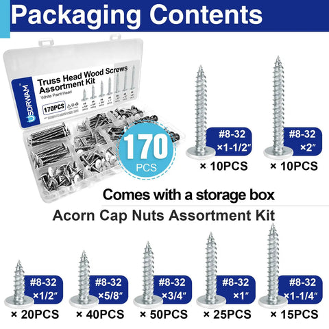 Top Shelf Number 8 White Wood Screws Assortment With Truss Head Design, 170 Piece Carbon Steel Set in storage box with varied sizes.