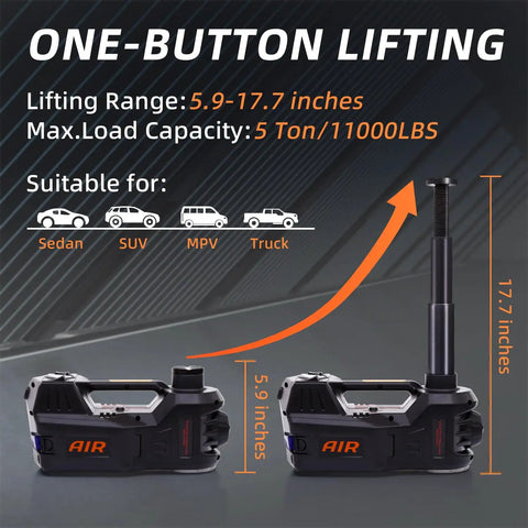 5 Ton 12V Electric Car Jack With Dual Motors, Hydraulic Lift, Built In Inflator And Impact Wrench, Quick Tire Inflation, Non Slip Cross Groove Base, Adjustable Height 5.9 To 17.7 Inches, Stable And A Real Beast Of A Tool. one-button lifting, 5.9-17.7 inches