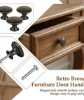 Antique Brass Cabinet Knobs Set, 6 Pack Round Drawer Knobs shown with screws next to a wooden drawer, vintage style.