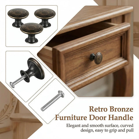 Antique Brass Cabinet Knobs Set, 6 Pack Round Drawer Knobs shown with screws next to a wooden drawer, vintage style.