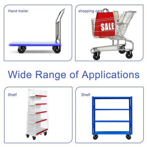 Applications of 5 Inch Heavy Duty Caster Wheels No Noise Swivel Plate Casters With Brake Lock for carts, trailers, shelves on various surfaces.