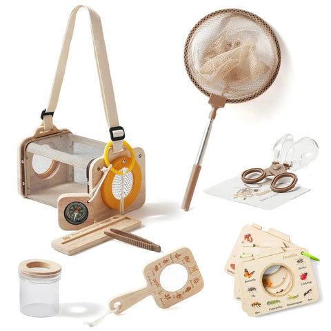 Wooden Bug Catcher Kit For Kids 3 To 8 Ten Piece Durable Outdoor Explorer Set with tools and magnifying glass visible