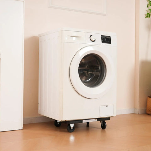 Lightweight Polypropylene Dolly With 200 Lb Capacity under washing machine, showing easy roll design and durable casters.