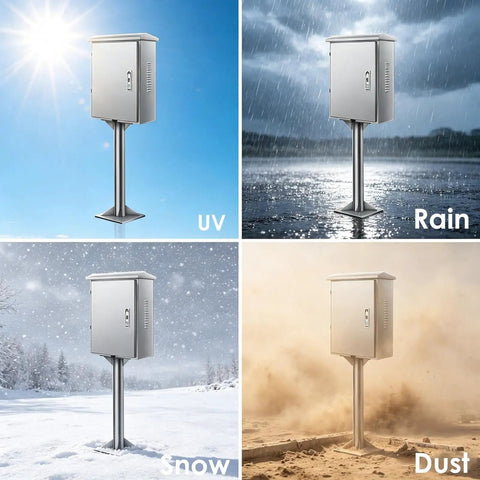 Rugged Outdoor Ev Charger Pedestal Box Floor Mounted With Heavy Duty Stainless Shield And Secure Key Lock To Keep Your Setup Gassed Up And Locked Down All Year Long in UV, Rain, Snow, and Dust conditions.