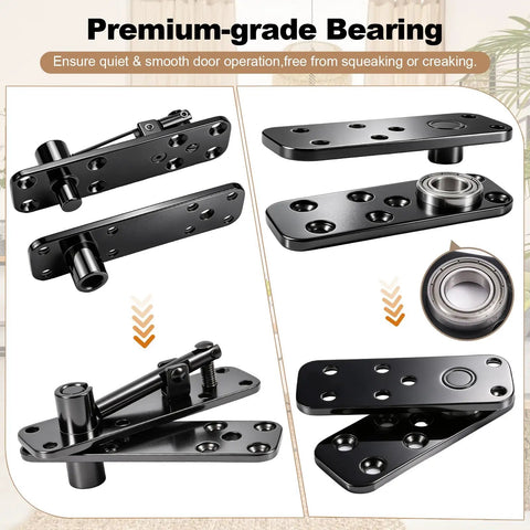 Heavy Hitter Hidden Door Pivot Hinge With Slick 360 Degree Rotation And Rock Solid Stainless Steel Hardware Kit For Secret Bookshelf And Swing Door Upgrades In Sleek Matte Black Finish showcasing premium-grade bearing for smooth operation.