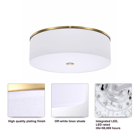 Antique Brass Drum Linen Flush Mount Ceiling Light, 20 Inch LED Fixture, 2000 Lumens, close-up of brass finish and LED details