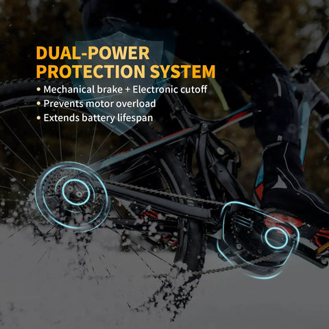 Dual Action Ebike Brake Levers With 2 Pin Connector And 2 Wires For Left And Right On Electric Bicycles And E Bike Scooters, 1 Pair, Instant Motor Cutoff For Safer, Smoother Stops with dual-power protection system displayed on snowy background