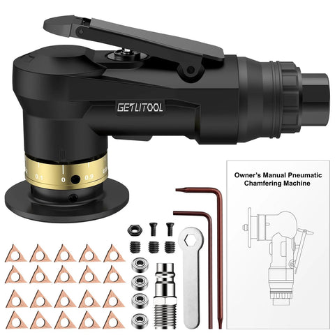 GETLITOOL pneumatic chamfering tool kit with 12 C-angle and 10 R-angle blades and accessories