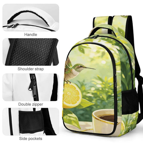 Tropical Hummingbird Lemon Coffee Print Unisex Backpack With Large Capacity, Durable Polyester, features close-up of handle, strap, and zippers.