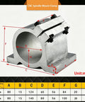 Beefy Aluminum CNC Spindle Mount Bracket With Slick Quick Swap Universal 65Mm Or 80Mm Dual Bore Interface For Router Clamps, detailed dimensions.