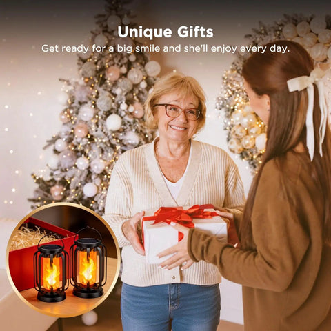Woman receiving a gift with Lit Real Flame Solar Lanterns With USB Charging Four Modes Waterproof Outdoor Lights in background