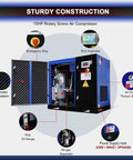 Heavy Duty 15 HP Rotary Screw Air Compressor, 56 CFM At 125 PSI, 230V 3 Phase with labeled features and specifications