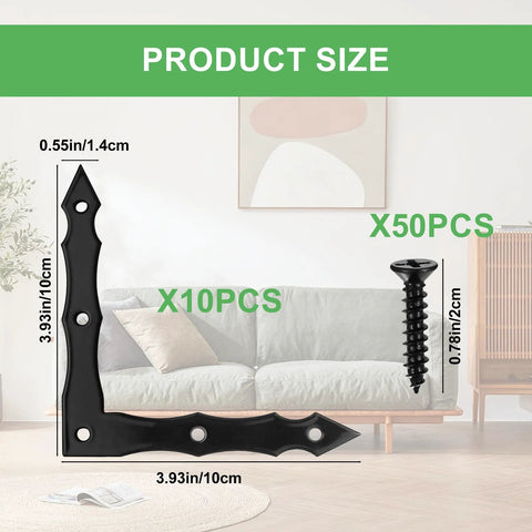 Decorative L Shaped Corner Brackets Set Of 10 In Rustic Black Finish, size 100x100x15mm, displayed with screws