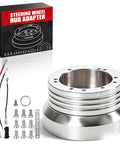Precision Billet Aluminum Steering Wheel Hub Adapter featuring 5 And 6 Hole Pattern, shown with connectors and screws.