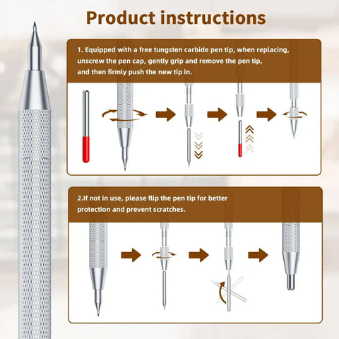 Product instructions for Five Pack Tungsten Carbide Scriber Set With 25 Replacement Tips Magnetic Engraving Pen And A 6 Inch Stainless Steel Ruler