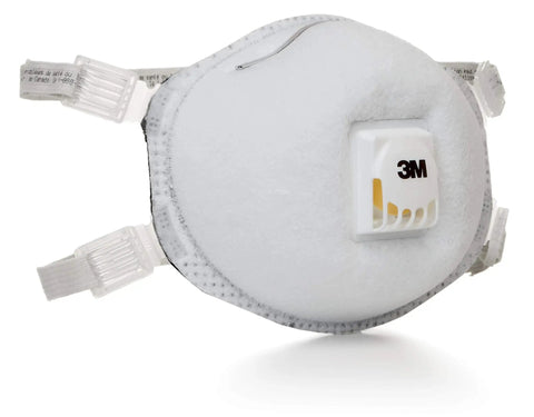 Close-up of Particulate Respirator 8214 N95 with faceseal and Cool Flow exhalation valve for welding and soldering on the job.