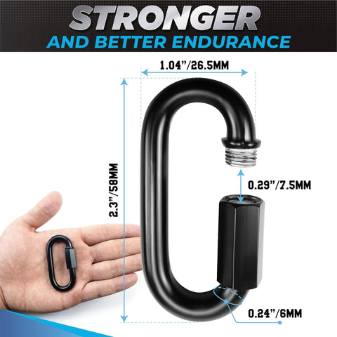 Eight Pack 2.3 Inch Chain Quick Links Heavy Duty Connectors Anti Rust 900 Lb Load Carabiners, dimensions shown