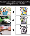 DIY customization process for Six Pack Sublimation Bags Blanks For Sport, Shoulder, And Crossbody Bags, showcasing different designs.