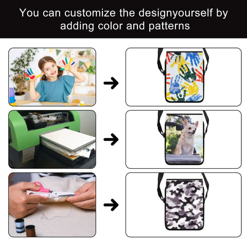 DIY customization process for Six Pack Sublimation Bags Blanks For Sport, Shoulder, And Crossbody Bags, showcasing different designs.