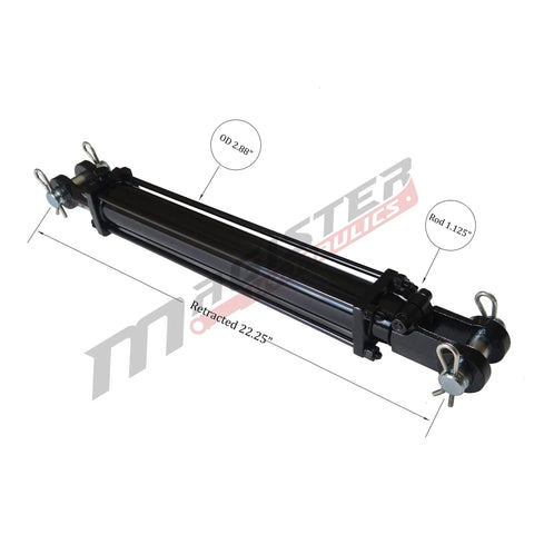 Double Acting Tie-Rod Hydraulic Cylinder for Agriculture 2500 PSI, 2.5 Inch Bore, 12 Inch Stroke, 1.125 Inch Rod, 3/8 Inch NPT Ports, 2.88 Inch Outer Diameter, Agriculture Standard and Heavy Duty Lift, black cylinder