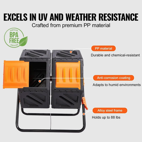 Dual Chamber Tumbler Compost Bin 37 Gallon Outdoor Rotating Bin With Sliding Doors And Steel Frame, BPA Free display.