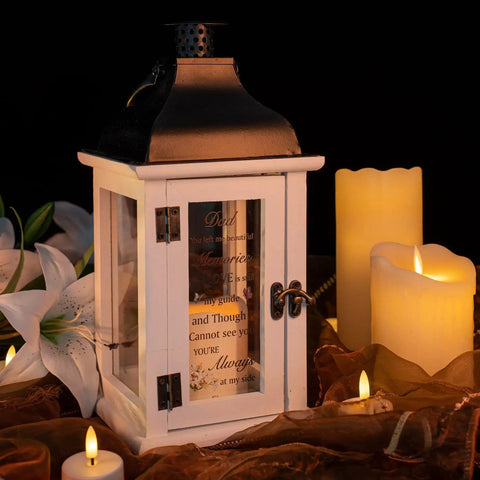 Memorial Lantern For Dad Loss Sympathy Gift Flameless Candle Light Remembrance Lantern with flowers and glowing candles