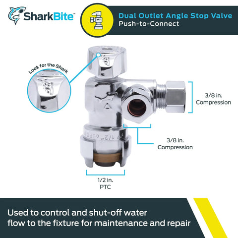 Brass Push To Connect Dual Outlet Angle Stop Valve With Compression Fittings Half Inch By Three Eighths Inch For PEX PERT CPVC