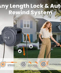 Retractable Garden Hose Reel With Auto Rewind Wall Mount 100 Feet Hose Plus 5 Foot Lead Any Length Lock Hybrid Hose For Easy Watering No Tangles No Fuss Rewind And Smooth Storage on wall with hose in use