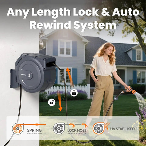 Retractable Garden Hose Reel With Auto Rewind Wall Mount 100 Feet Hose Plus 5 Foot Lead Any Length Lock Hybrid Hose For Easy Watering No Tangles No Fuss Rewind And Smooth Storage on wall with hose in use