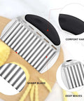 Front view of potato crinkle cutter with stainless steel blade and black comfort handle; large wavy blade.