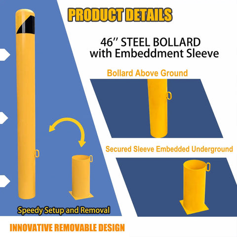Product details showing 46 Inch Removable Steel Safety Bollard With Bright Yellow Powder Coat Embedding Sleeve and base.