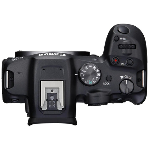 Top view of EOS R7 Mirrorless Camera Body With RF-S 18-150mm F3.5-6.3 IS STM Lens Bundle showing control dial and hot shoe