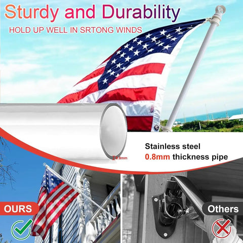 Outdoor Flag Pole Kit With 3x5 US Flag For Porch Or Yard, 6 Foot Heavy Duty Aluminum Flagpole With Anti Tangling 360 Degree Spin Rings, Durable Aluminum Bracket, 45 Degree And 90 Degree Holder, White