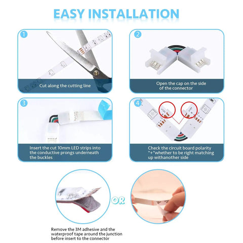 Instructional diagram for L Shape 4 Pin LED Strip Connectors With Adjustable Angles From 90 To 180 Degrees For 10mm Wide 5050 RGB.