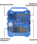20V Cordless Drill Kit With 100 PC Drill Bit Set and labeled bits for wood, metal, concrete in case