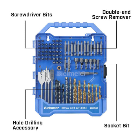 20V Cordless Drill Kit With 100 PC Drill Bit Set and labeled bits for wood, metal, concrete in case