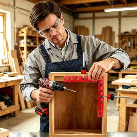 Craftsman using 8-piece corner clamps for woodworking precision CNC aluminum 90 degree kit on wooden box with drill