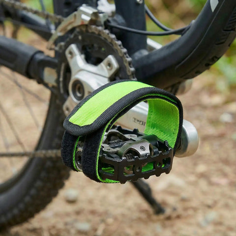 Two Pack Green Bike Pedal Straps For Stationary Bikes Anti Slip Foot Straps on fixed gear pedal in outdoor setting
