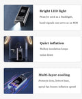 Heavy Duty Portable Tire Inflator And Digital Air Compressor With 150 Psi Gauge Led Work Light For Cars Trucks Bikes Bouncy Balls No Sweat Smooth Ride Keeps Ya Rolling Smooth showing LED light for emergencies.
