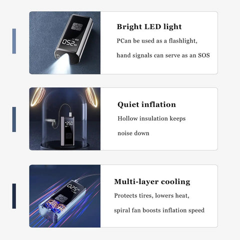 Heavy Duty Portable Tire Inflator And Digital Air Compressor With 150 Psi Gauge Led Work Light For Cars Trucks Bikes Bouncy Balls No Sweat Smooth Ride Keeps Ya Rolling Smooth showing LED light for emergencies.