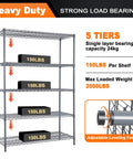 5 Tier Heavy Duty Steel Storage Racks And Shelving Unit For Kitchen Pantry And Warehouse Use, 48 Inch Long By 20 Inch Wide By 72 Inch High, Each Wire Shelf Supports 350 Pounds, Rust Resistant Powder Coat Finish; 5-tier wire shelf