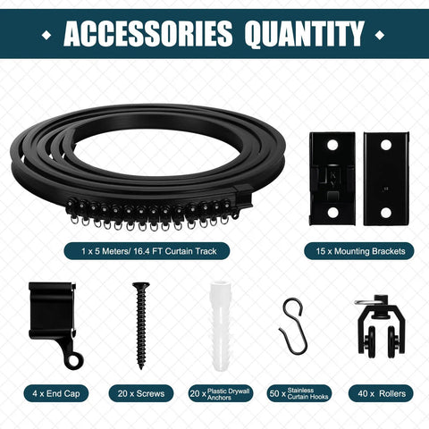 Flexible Bendable Ceiling Curtain Track System for Windows Bunk Beds Doors Showers RVs and Room Dividers No Drill Install Cut to Length 16.4 Feet Black, 5m track accessories