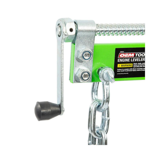 Close-up of Engine Leveler 1500 Lb Capacity With Four Point Mounting System and Durable Steel Construction showing chain and handle