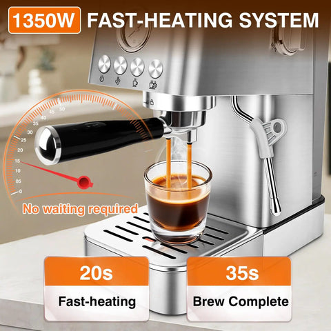 Professional 20 Bar Espresso Machine With Visible Pressure Gauge And Swivel Steam Wand For Silky Milk Foam And Smooth Operator Performance Daily Countertop Coffee Maker brewing espresso in 20 seconds with fast-heating system.
