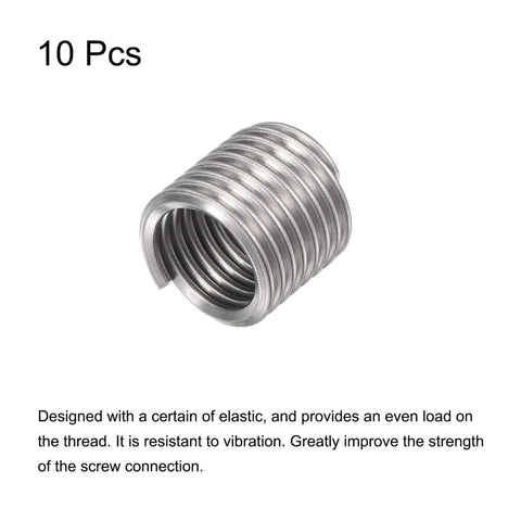Heavy Duty Wire Thread Inserts 1/2-13 UNC Helical Coiled Type For Thread Repair 304 Stainless Steel, 1.5D Nominal Length, 15mm Overall, Rust Resistant, Pack Of 10 shown in close-up view.