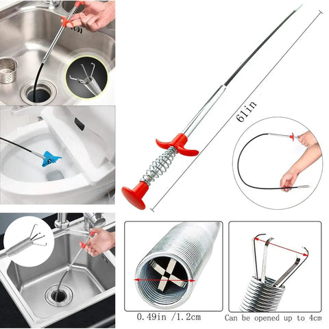 Flexible Drain Snake Clog Remover Tool For Toilet, Shower, Kitchen And Bathroom Drains, 61 Inch Reach Gutter Cleaner Grabber, Opens Stubborn Clogs Quickly, Flexible Claw Reacher For Easy Home Plumbing