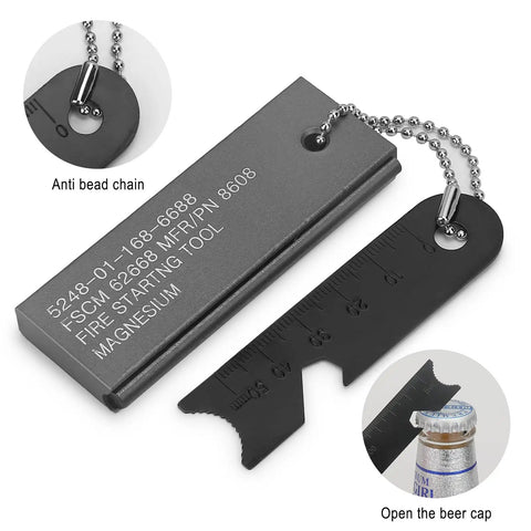 Hardcore Fire Starter Survival Kit With Magnesium Waterproof Matches And Ferro Rod Outdoor Firesteel Gear With Striker For Camping Hiking Hunting And Emergency Use 2 Pack Bundle, showing magnesium rod with 6-function tool.