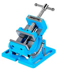 Real Deal 3 Inch Tilting Bench Vise With Beefy Replacement Jaws And Heavy Duty Cast Iron Construction For Secure Drill Press Clamping On Shop Workbenches, blue color, tilting design.