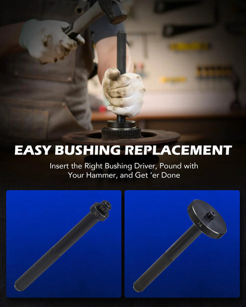 Bushing replacement using the 2 In 1 Bushing Driver And Bearing Press Kit With 2 Inch And 3 Inch Jaws 5 Ton Capacity Bearing Separator.