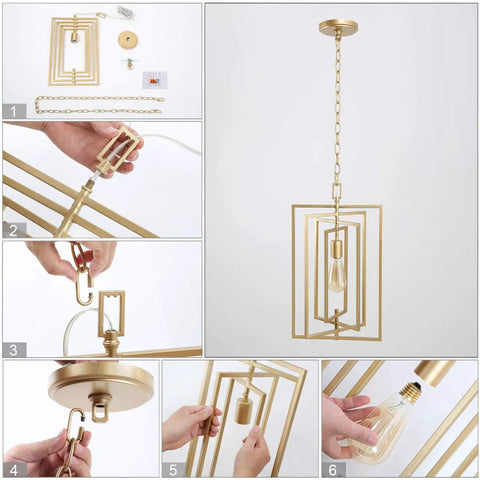 Gold Pendant Light Chandelier assembly with adjustable framework and rotatable geometric shade, brushed gold finish visible.